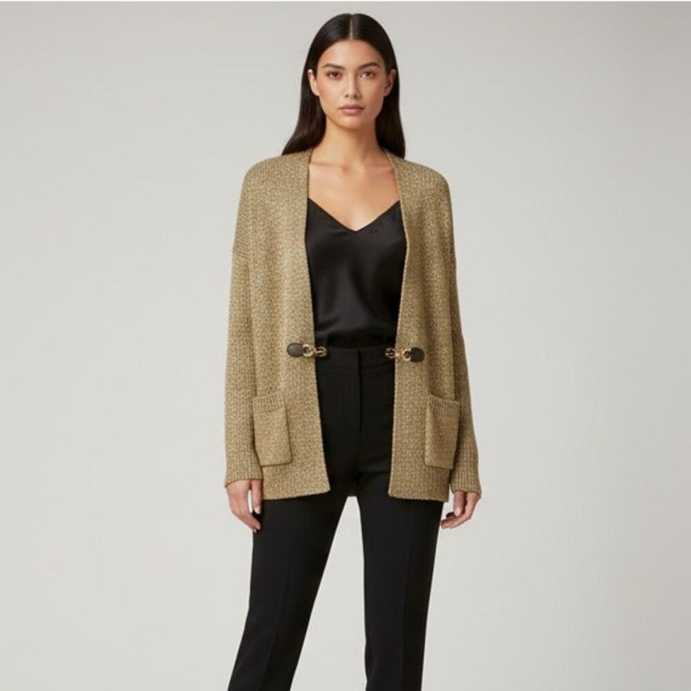 MICHAEL KORS Women's Metallic Gold Clasp Cardigan SweaterSize S
